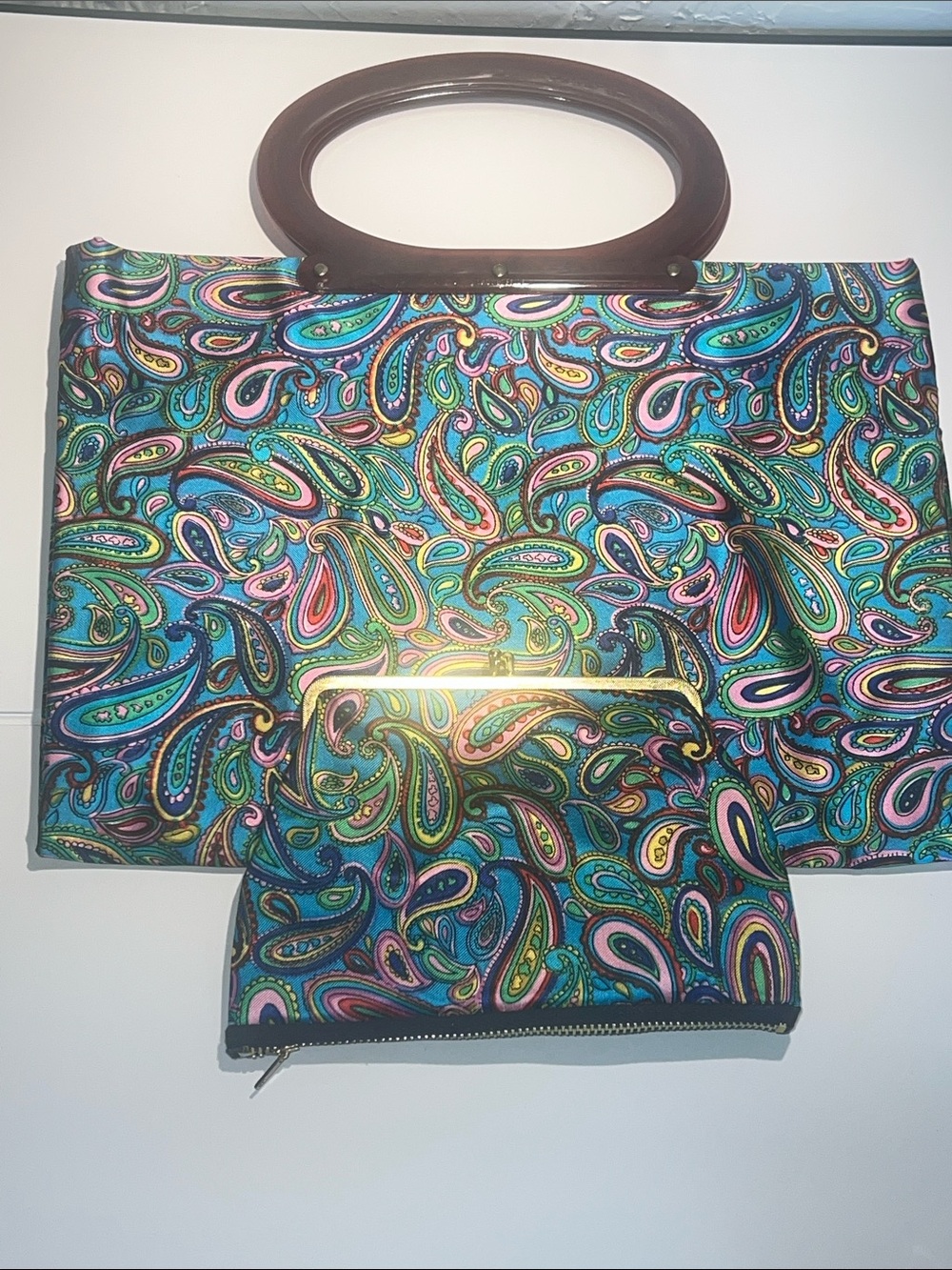 Vintage 1960s Lady’s Pride Stylish Tote and Pouch Set Multicolor Paisley